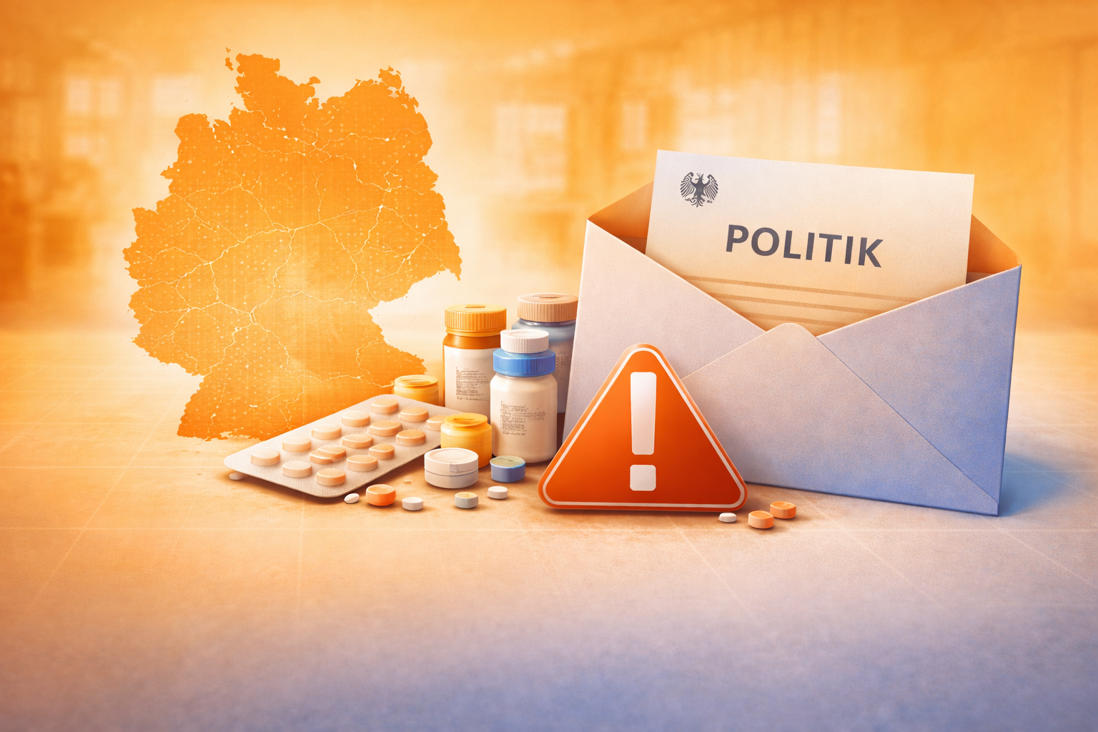 Symbolbild zur Medikamentenversorgung: Ein offener Umschlag mit der Aufschrift ‚Politik‘ vor einer Deutschlandkarte, umgeben von Medikamenten und einem Warnsymbol – Sinnbild für einen dringenden Appell an die Politik im Gesundheitswesen.